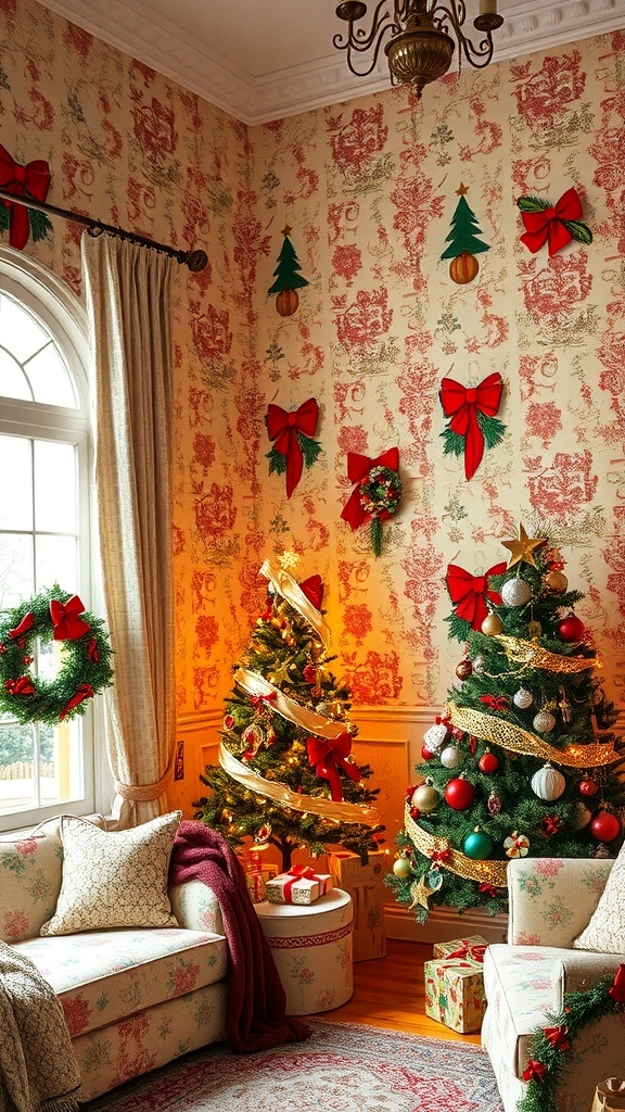 Vintage Christmas wallpaper with snowflakes and trees, decorated room with Christmas tree.